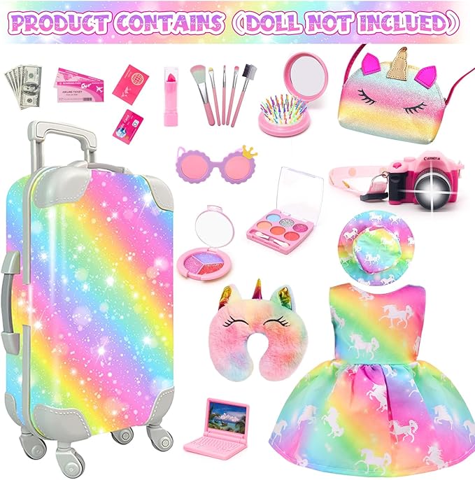 HAPGFS American 18 Inch Doll Accessories Travel Set Brilliant Colors Including Suitcase Luggage and Dress with Hat, Camera, Makeup Sets Dolls Travel Gear Play Set Gift for Birthday (NO Doll)