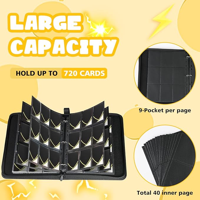 9 Pocket Card Binder for Pokemon Card, 720 Pockets Card Binder Holder with 40 Removable Sleeves, 3-Ring Zip Design Trading Card Albums for MTG/TCG/Sport Collectible Gifts for Boys and Girls (Black)