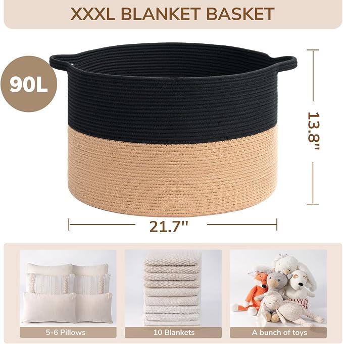 INDRESSME XXXLarge Woven Rope Blanket Basket Living Room Black Camel, 90L | 21.7" x 13.8" Storage baskets for toys laundry & pillows. Fits living room, bedroom or nursery décor. Soft-touch with handles