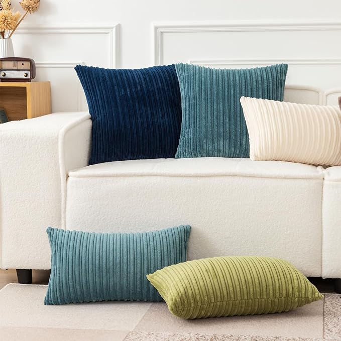 UGASA 12x24 Inch Pillow Cover Pack of 1 Soft Boho Stripe Corduroy Long Rectangle Lumbar Cushion Case Farmhouse Decorative Throw Pilowcase for Bed, Couch, Sofa, Bedroom, Living Room, Blue Grey