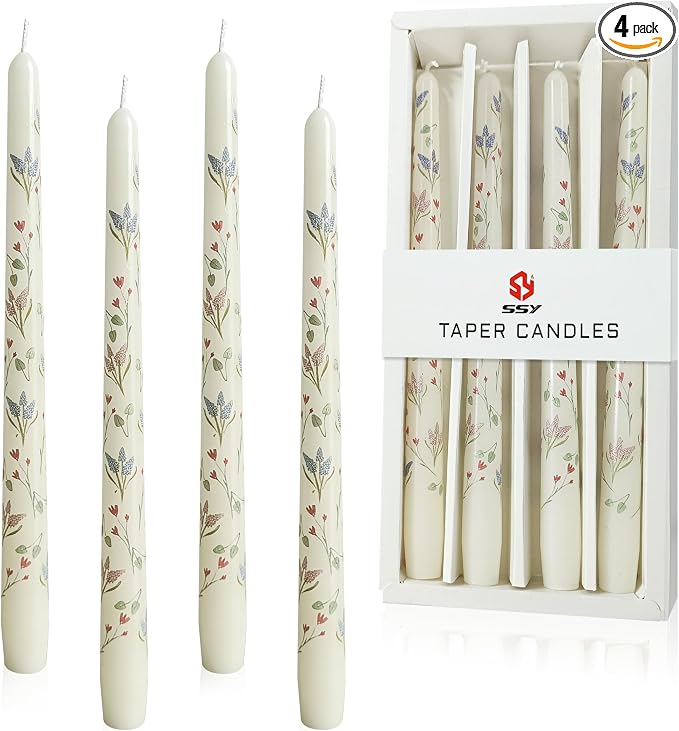Hyacinth Printed Taper Candle Dripless Candles Sticks - 4 pcs Handmade White Taper Candle 10 inches Long Tapered Candles for Home Party Wedding Restaurant Holiday Decor