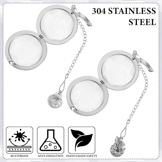 Tea Infuser Strainer Stainless Steel Loose Leaf Tea Steeper Ball with Extended Chain and Conch Seashell Charm, 2 Pack