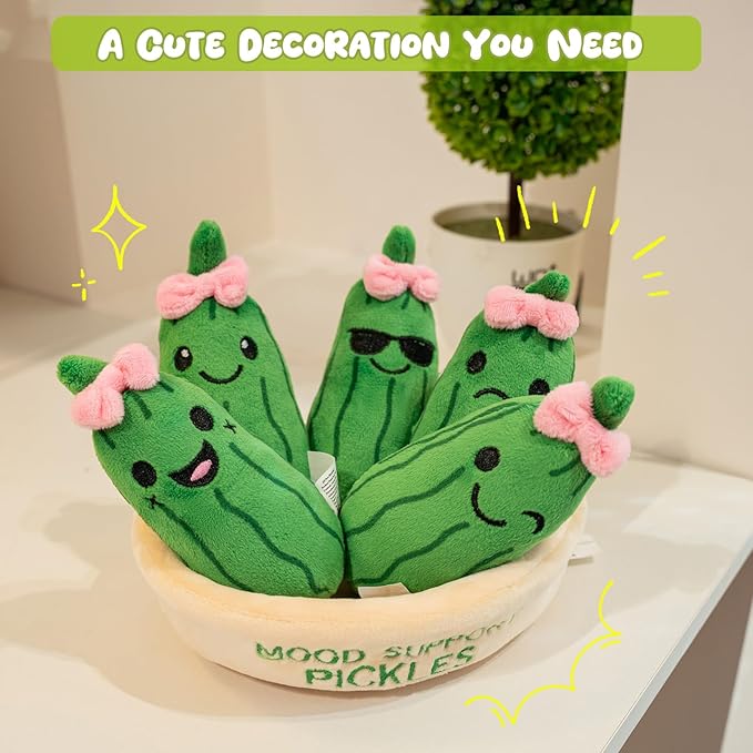 Mood Support Stuffed Animals Pickles: 5 Squishy Plushie Pickles in Basket | Emotional Relief Cute Plush Pickle Stuffed Toy | Christmas Stocking Stuffers, Valentine's Day & Birthday Gifts for Adults