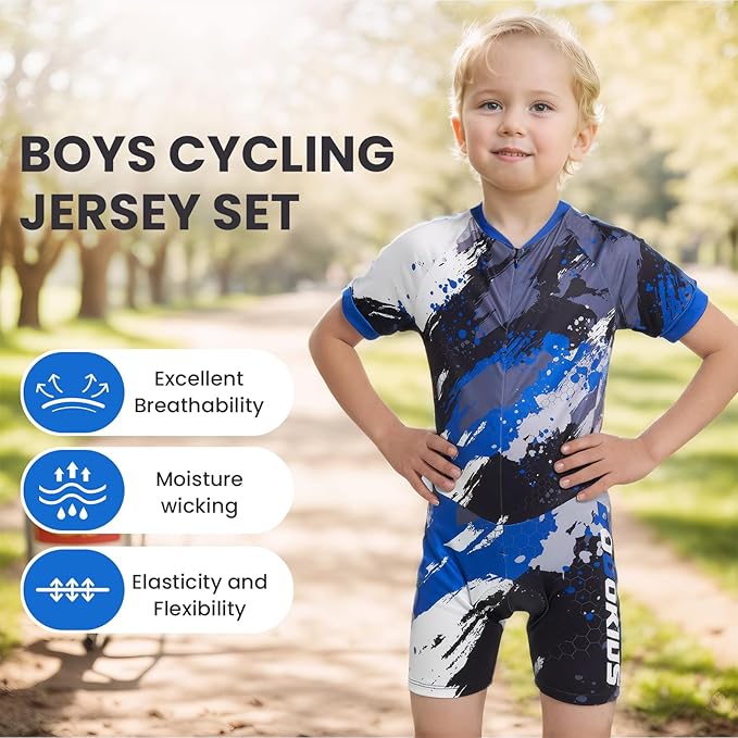 Gogokids Boys Cycling Jersey Youth Bike Suit with 3D Cushion, Kids Teen Short Sleeve Bicycle Clothes