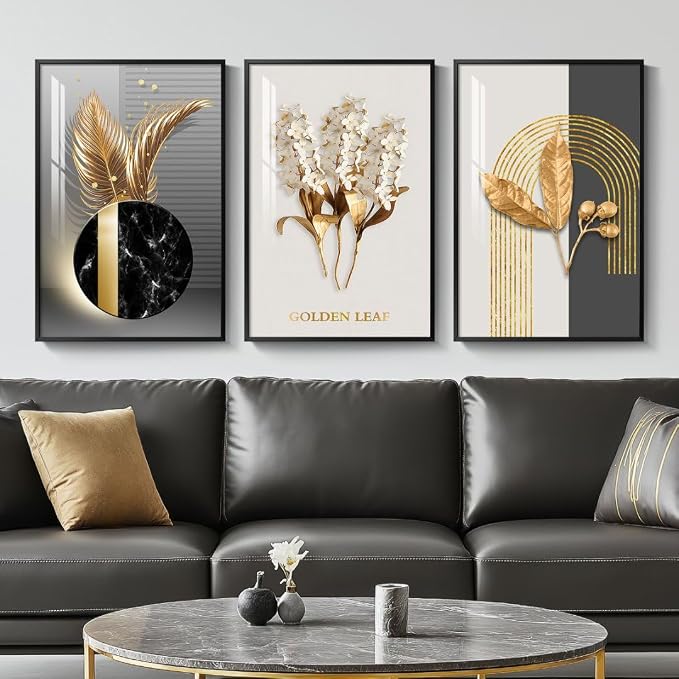 Framed Black and White Modern Luxury Wall Art, 3 Pieces Large Contemporary Prints Paintings Artwork for Walls, Set of 3 Golden Leaf Pictures for Living Room, Hallway, Bedroom, Office Wall Decor 16x24 Inch