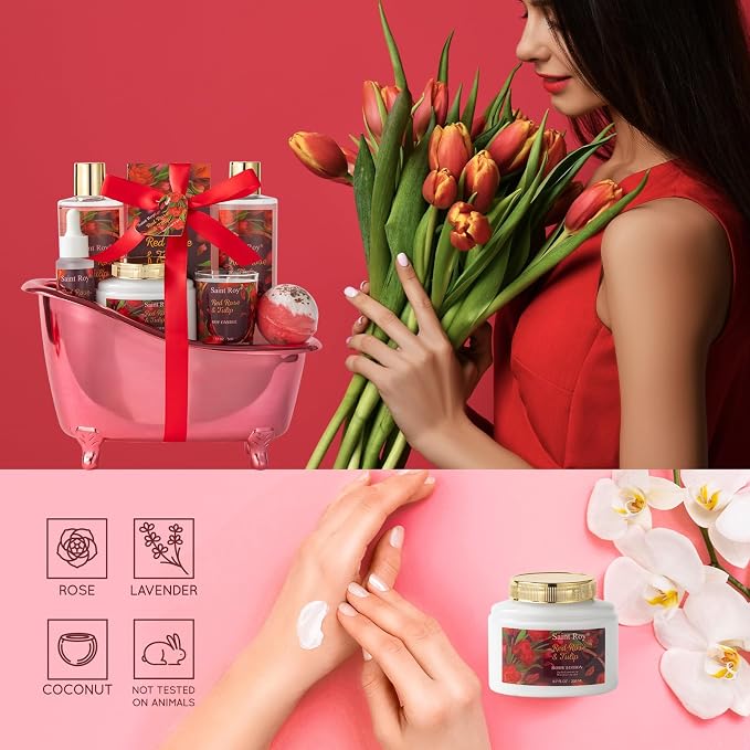 Gifts for Women, Birthday Gift Basket, Rose Bath and Body Gift Basket Set | Spa Gift Basket Gifts, spa kit Gifts for Her Mothers Day Bath & Body Set, Self Care Pamper Kit, Self-care baskets Mother Gift