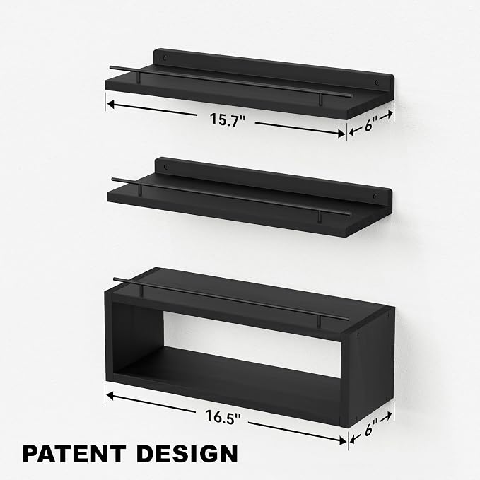 Floating Shelves for Wall with Cube Shelf, Wall Shelves with Metal Rail for Bathroom Decor, Bathroom Organizers and Storage, Over Toilet Shelves for Toilet Paper-Black