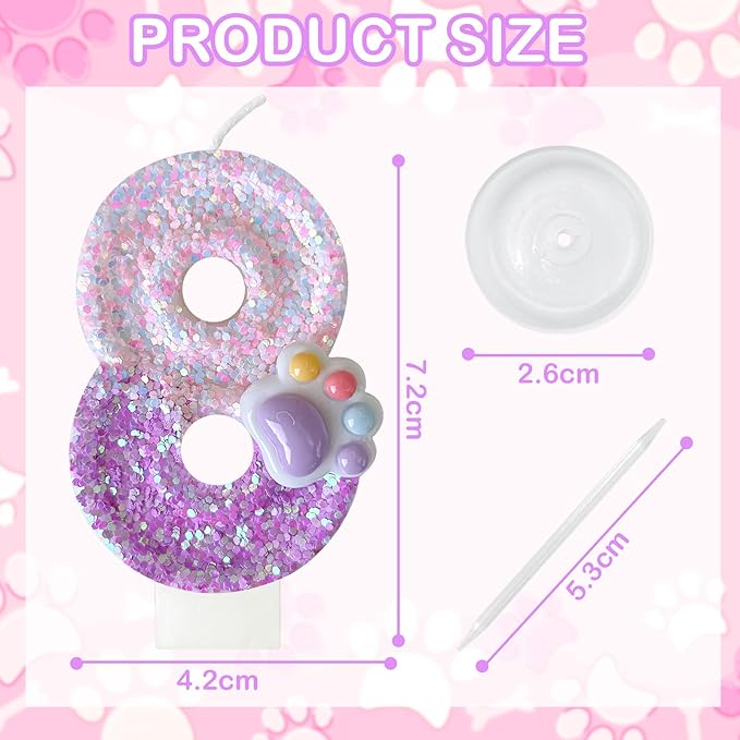 Pink Cat and Dog Paw Birthday Number Candles, Cupcake Decorations, Dog Theme Candles, Suitable for Party Celebrations, Birthday Decoration Supplies (Number 8)