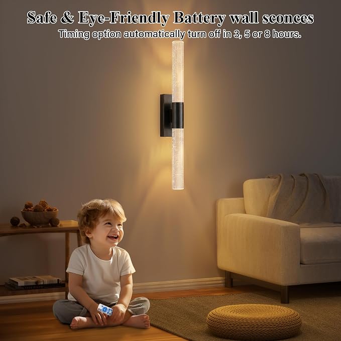 camuucci Battery Operated Wall Sconces Set of 2, Rechargeable Wall Lights | 12000mAh Long-Lasting Battery,Dimmable Cordless Sconce,No Wiring Needed for Bedroom,Living Room,Black 20.9-Inch