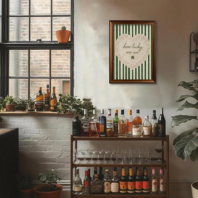 Framed How Lucky Are We Wall Art Vintage Inspirational Quotes Decor Print | Green Striped Lace Heart Aesthetic Painting Poster Trendy Preppy Canvas Picture for Bedroom Collage Ready to Hang 8x10in