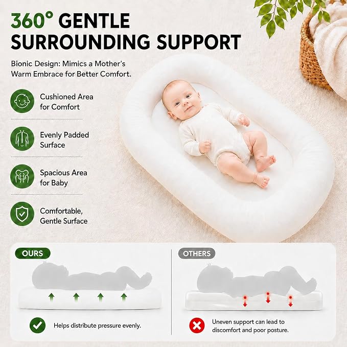 Baby Lounger for Newborns 0-24 Months, Soft Breathable Cotton Infant Support Cushion for Tummy Time & Play, Portable Infant Lounger, Baby Essentials for Newborn- Cloud White (Cover Included)