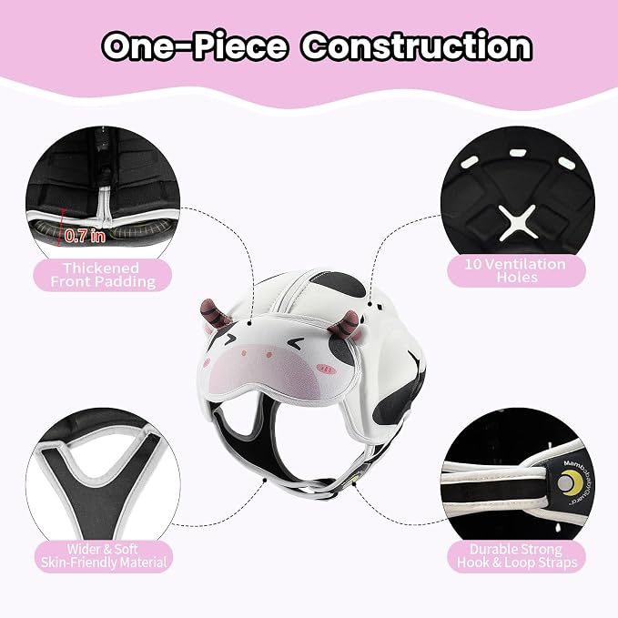 Baby Head Protector Baby Helmet for Crawling and Walking - No Bumps and Soft Safety Peak - Ultra Light and Adjustable Baby Head Protector Suitable for Babies 6-24 Months-Milky Cow