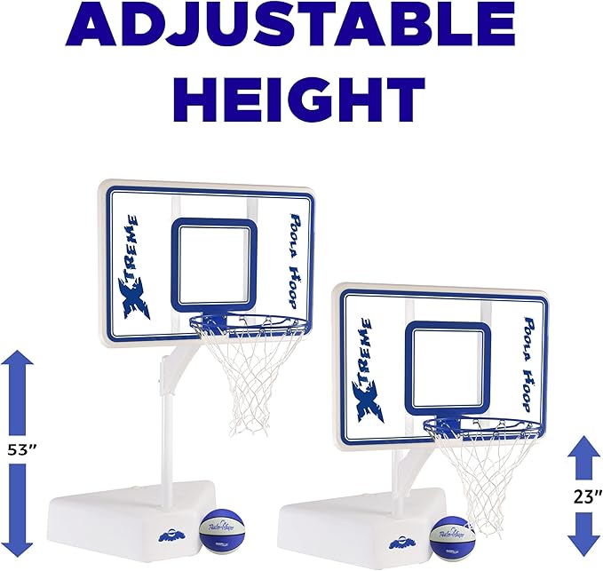 Dunn-Rite Splash & Shoot Outdoor Adjustable Height Swimming Pool Basketball Hoop w/Ball, Base, & 18 Inch Stainless Steel Rim for Adults & Kids, Choose Clear or White (Clear Xtreme Blue)