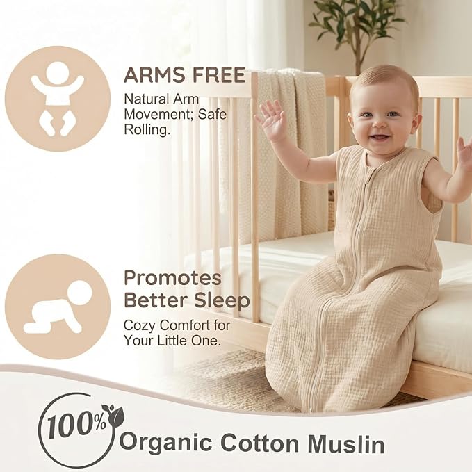 BSTOPPT 2 Pack Baby Sleep Sack 18-24 Months 100% Organic Cotton Muslin Baby Sleeping Bag 2-Way Zipper Wearable Blankets TOG 0.3 (Beige & Khaki, X-Large)