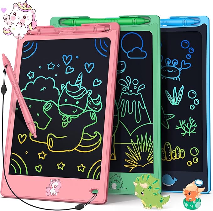 FLUESTON LCD Writing Tablet for Kids,Drawing Tablet for Boys Girls 3 4 5 6 7 8 Year,8.8 Inch 3pcs in 1 Pack Drawing Pad Toy Birthday Gifts for Toddler, Educational Doodle Board Cute Dinosaur Unicorn