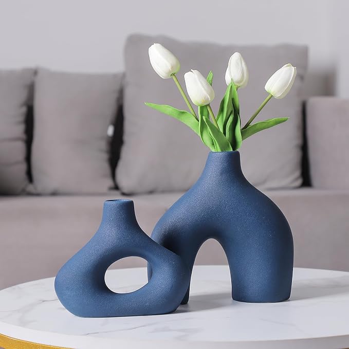 CEMABT Blue Ceramic Vase Set of 2 for Modern Minimalist Bohemian Decor，Round Matte Donut Vases for Pampas Grass-Perfect for Living Room, Dining Table, Office Bedroom Shelf Decor Entryway, Console