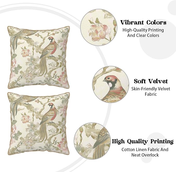 Vintage Cream Chinoiseriel Soft Velvet Throw Pillow Covers Set of 2 Bird Floral Flowers Leaves Decorative Pillow Covers 16x16 Inch Rustic Farmhouse Pillow Case For Sofa Couch Living Room Home Decor