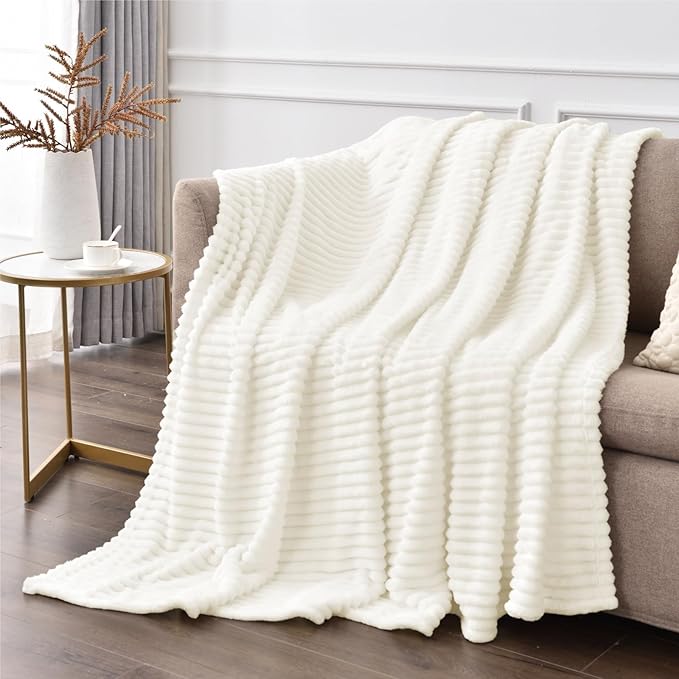 BEDELITE Ribbed Jacquard Cream Fleece Throw Blanket for Couch, 50x60 Inch | Soft Warm Decorative Fluffy Blanket, Cozy Plush Lightweight Fuzzy Throw Blanket for Bed Sofa Home Room Decor, Gift for Women