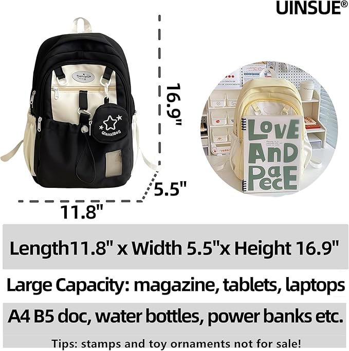 Kawaii Backpack Double Shoulder Bag with Cute Star Removable Pouch Small Clear Front Pocket Large Capacity Fits 16" Laptop Dopamine Colors Daypack (Black)