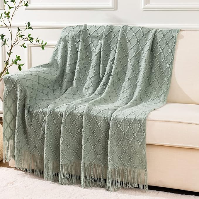BATTILO HOME Sage Green Throw Blanket for Couch, Boho Bed Throws Blanket, Spring Decorative Light Blue Throw Blanket for Sofa Living Room, 52"x80"