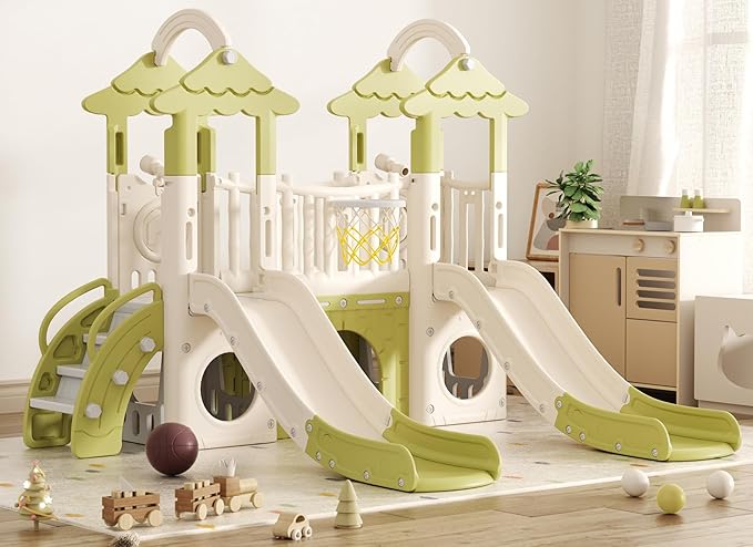 XJD 10 in 1 Toddler Slide, Jungle Double Slide Playset with Basketball Hoop, Tunnel and Storage Space, Outdoor Indoor Slide for Toddlers Age 1+,Tree House Design Toddlers Outdoor Playground (Green)