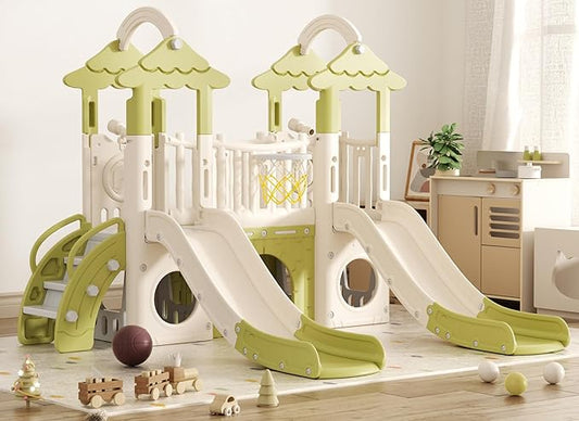 XJD 10 in 1 Toddler Slide, Jungle Double Slide Playset with Basketball Hoop, Tunnel and Storage Space, Outdoor Indoor Slide for Toddlers Age 1+,Tree House Design Toddlers Outdoor Playground (Green)