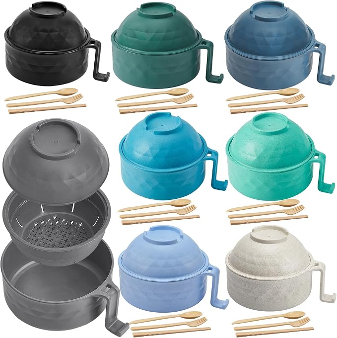 8 Sets Microwave Ramen Bowl Bulk 40 oz Wheat Straw Instant Ramen Cooker Set Portable Noodle Cooker with Handle Spoon Chopsticks Fork for College Dorm Room Gift (Nature Tones)