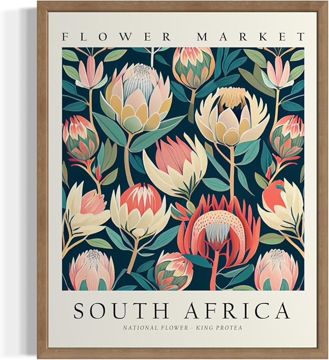 South Africa Flower Market Art Print Poster, Wall Art Floral Painting Botanical Decor for Bedroom, Kitchen, Bathroom Livingroom Decoration 82B (South Africa, 20"L x 16"W, Wood Frame)