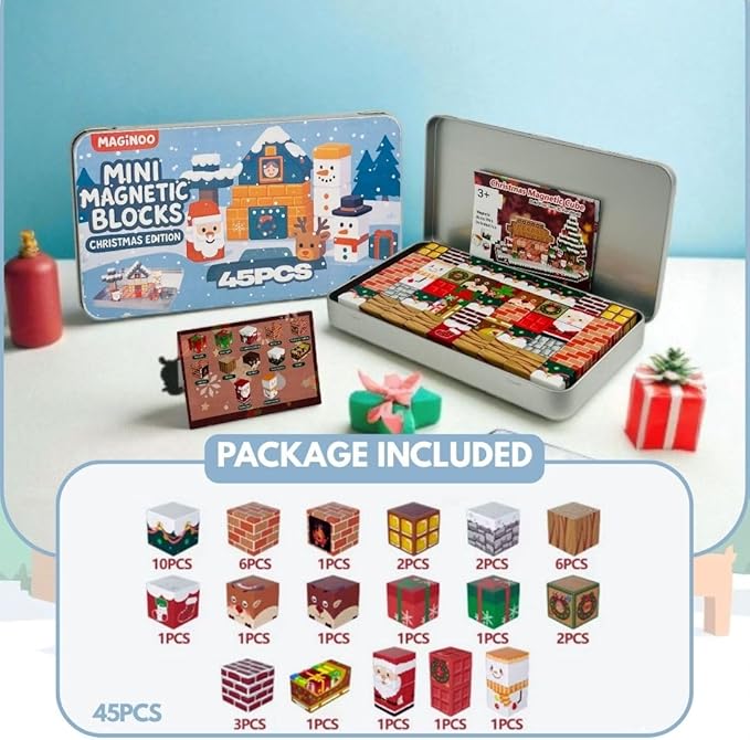 45PCS Mini Magnetic Blocks Travel Set – Christmas STEM Toddler Toys in Iron Box, Educational Building Cubes for Kids Ages 3–8, for Boys & Girls