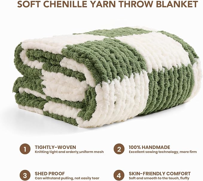 L'AGRATY Chunky Knit Throw Blanket for Couch 50 x 60 Inches Green Checkered | Handmade Chenille Crochet Blanket for Sofa Bed, Thick Cable Knitted Blankets for Room Home Decor, Birthday Gift for Women Mom