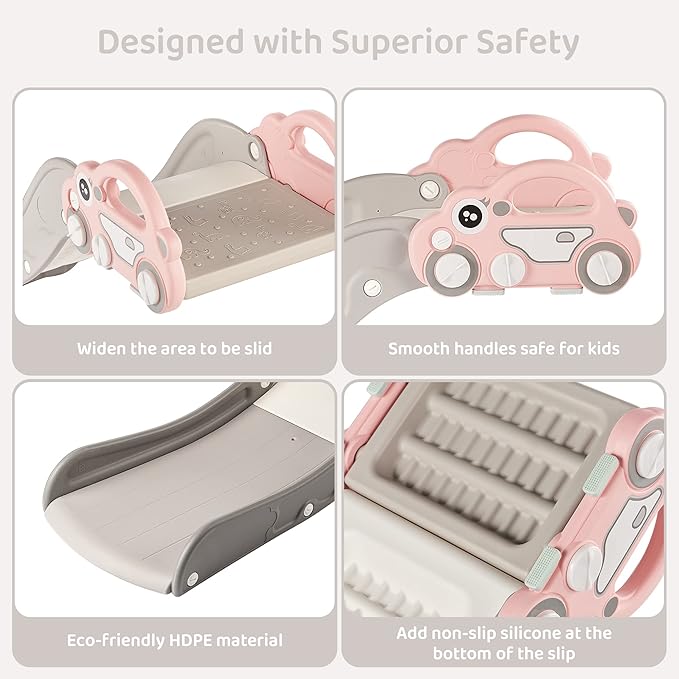 Indoor Kids Baby Couch Slide for Toddler 1-3, Sofa Slide Add-on Attachment for Bed Nugget Playgrounds, with Secure Base Guardrail, Gentle Slope Extended Buffer Zone, Fun Car Design, Pink