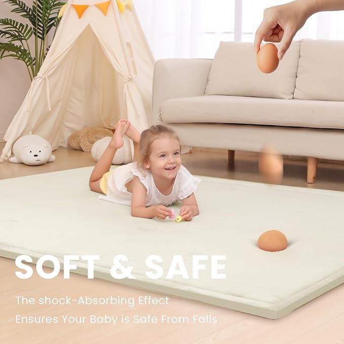 Baby Play Mat for Floor,1.3" Thick Elasti-Foam 50x50 Playpen Mat for Toddlers Infant Kids,Water-Repellent Soft Coral Velvet for Tummy Time,Non-Slip Backing for Crawling,Tatami Style(Cream)