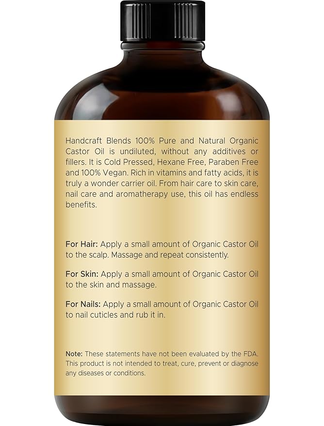 Handcraft Blends Cold-Pressed Organic Castor Oil 4 Fl Oz | Glass Bottle | Lash Brushes | 100% Pure and Natural | Premium Grade Carrier Oil | Hair, Eyelashes and Eyebrows | Hair and Body | Cold-Pressed