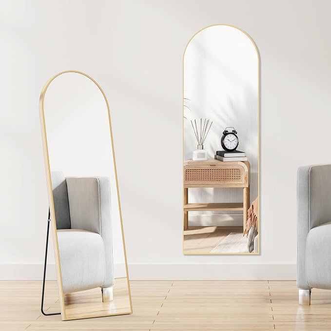 OLIXIS 56"x15.5" Arched Full Length Gold Mirror for Bedroom | Full Body Mirror with Stand, Hanging or Leaning for Wall, Aluminum Alloy Thin Frame Floor Standing for Living Room, Long
