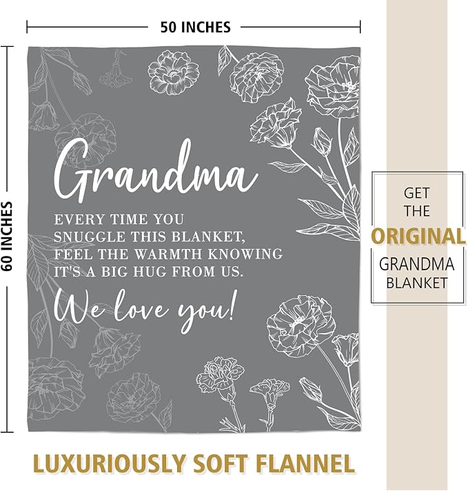 GiltGlimmer Grandma Gifts, Grandma Floral Blanket 50" x 60", Grey | Birthday Gifts for Grandma from Grandkids, to My Grandmother Soft Flannel Throw Blanket for Christmas Mothers Day