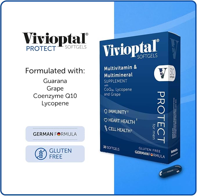 Vivioptal for Men, 30 Capsules, CoQ10, Lycopene & Resveratrol, Multivitamin & Multimineral, Gluten Free, German Formula