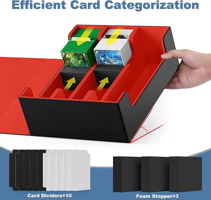 Mlikero Card Deck Case, 1800+ Trading Card Storage Box with 10 Dividers and 3 Foam Stoppers, Leather Magnetic Closure Commander Deck Box Fit for YuGiOh, MTG and Sport Cards(Black&Red)