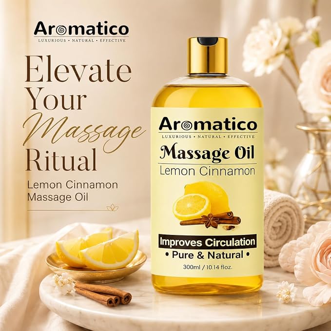 Aromatico Lemon & Cinnamon Massage Oil for Men & Women – 10 fl oz | Lightweight Non-Greasy Body Oil for Massage & Daily Body Care, Fast-Absorbing Moisturizing Oil with Citrus Aroma.