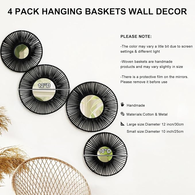 Artilady Baskets Macrame Wall Hanging with Mirror, Black Boho Wall Decor | Woven Wicker Basket, Farmhouse Rustic Jute, Bedroom Living Room Nursery Home Decor, 4Pcs