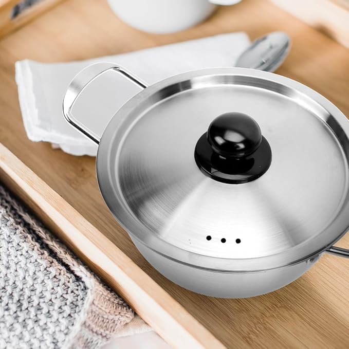 Yardwe Korean Ramen Pot with Lid Stainless Steel Instant Noodle Pot Double Handle Saucepan for Soup Milk Warming and Kitchen Cooking 10.03 X 7.08 X 3.54 in