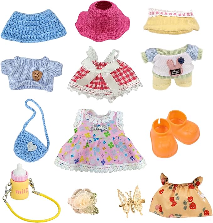 17cm Doll Clothes Set (No Doll) –5-Pack Handmade Outfits with Accessories for 6.7” Dolls, Premium Cotton Clothing with Gift-Ready Packaging, Perfect for Dress-Up and Collectors (FH3, 5)