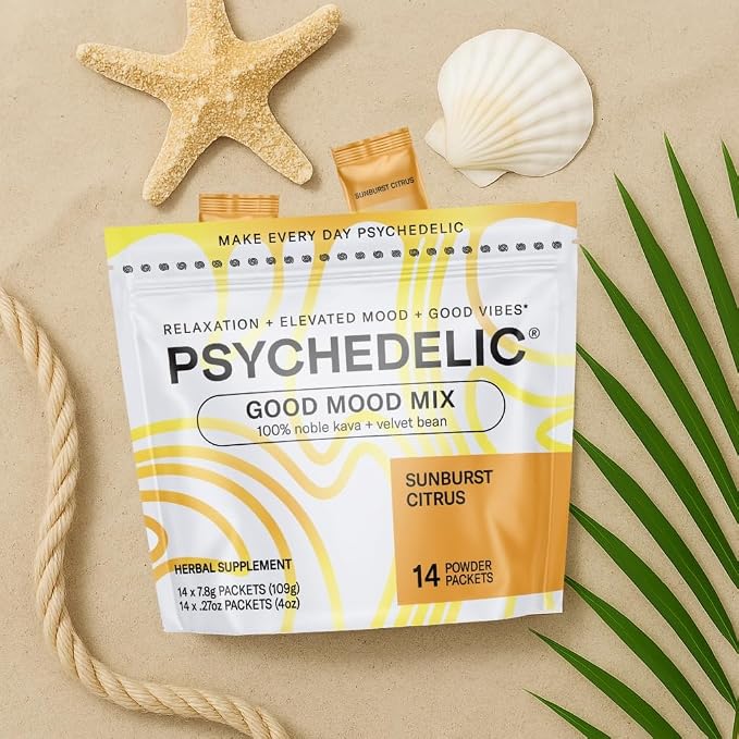 Psychedelic Water Calming Kava Drink Mix - Kava kava Flavored Drink Mix - Easy Open Single-Serving - Flavored Kava - Mucuna Pruriens - Stevia - Adaptogen Mocktails - 14 Sticks - Sunburst Citrus