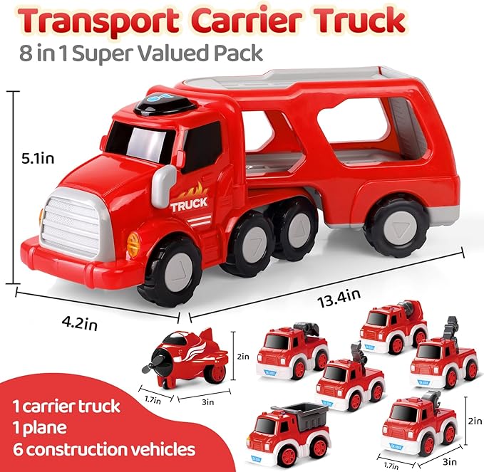 MindPal Fire Truck Toy for 3 4 5 6 7 Years Old Toddler Boys, 8-in-1 Fire Car Carrier Vehicle Set for Boys Age 3-5, Transport Car with Light & Sound, Kids Toys Cars Set for Birthday