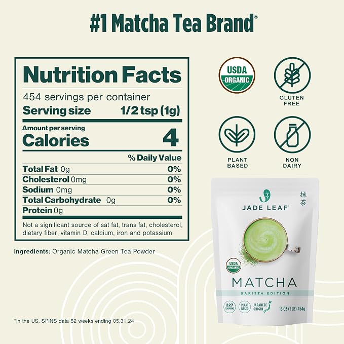 Jade Leaf Matcha Organic Ceremonial Grade Barista Blend Matcha Powder - 100% Pure Japanese Premium First Harvest Green Tea for Lattes from Uji and Kagoshima, 454g / 16 Ounce Bulk Pouch (Pack of 1)