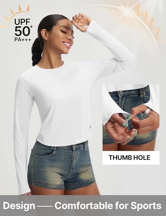 baleaf Women's UPF 50+ Long Sleeve Sun Shirts Crop Rash Guard UV Workout Tops SPF Slim Fit Lightweight Athletic Hiking