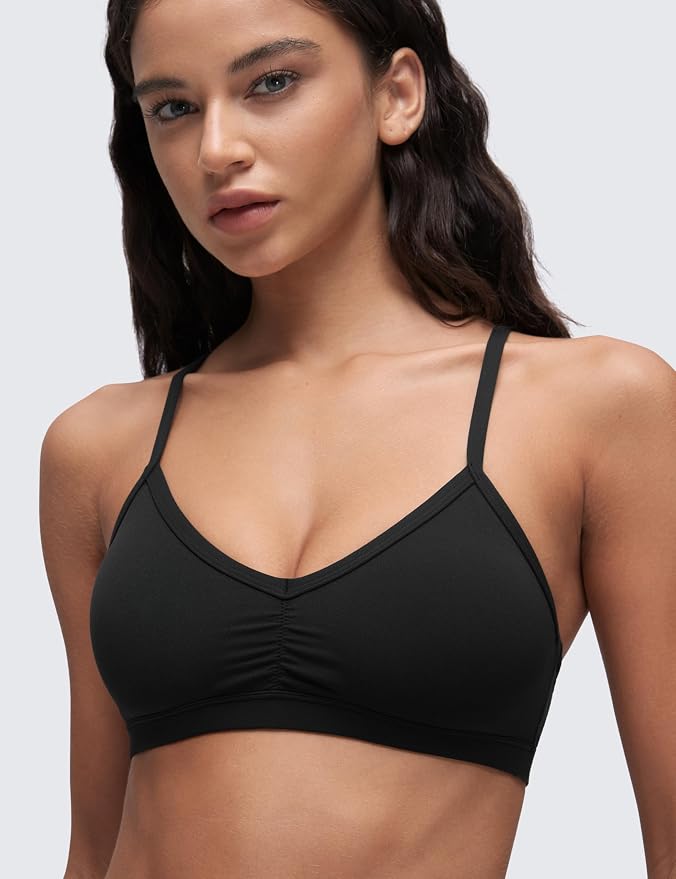 CRZ YOGA Butterluxe Ruched Sports Bras for Women - V Neck Spaghetti Thin Strap Y Back Wireless Padded Yoga Crop Top