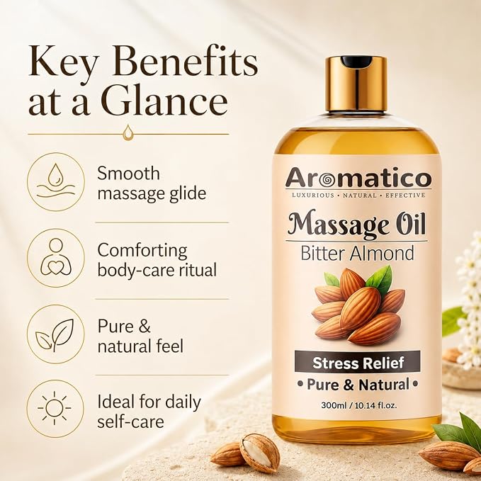 AROMATICO Almond Massage Oil. Hydrates & nourishes Skin, soothes Irritation, Improves Texture & Promotes Relaxation - 10 Fl Oz Rich in Vitamins & Essential Fatty acids, enhances Circulation.
