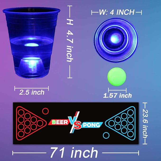 Glowing Beer Pong Table Mat for Drinking Game Light Up Plastic Cups and Pongs Beer Pong Set for Party Game Indoor Outdoor Pong Game, Party Supplies Decor 71 * 23inch