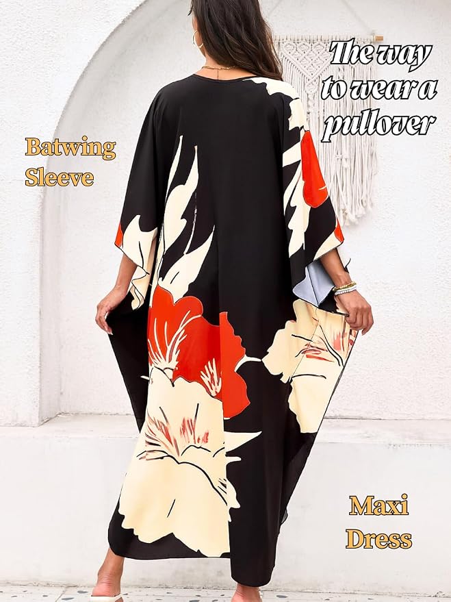 ChiaoLezhee Print Moo-Moos for Women, Kaftan Cover-Up Dresses, Sexy V-Neck High-Slit, Beach Pool-Party Coverups Muumuu Plus
