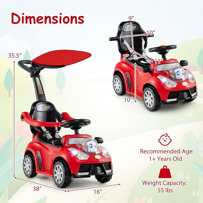 HONEY JOY Ride On Push Car for Toddlers, Alien Theme Ride On Car Sliding Car w/Steering Wheel, Music & Lights, Under Seat Storage, No Batteries, Kids Ride On Toys for Boys and Girls (Red)